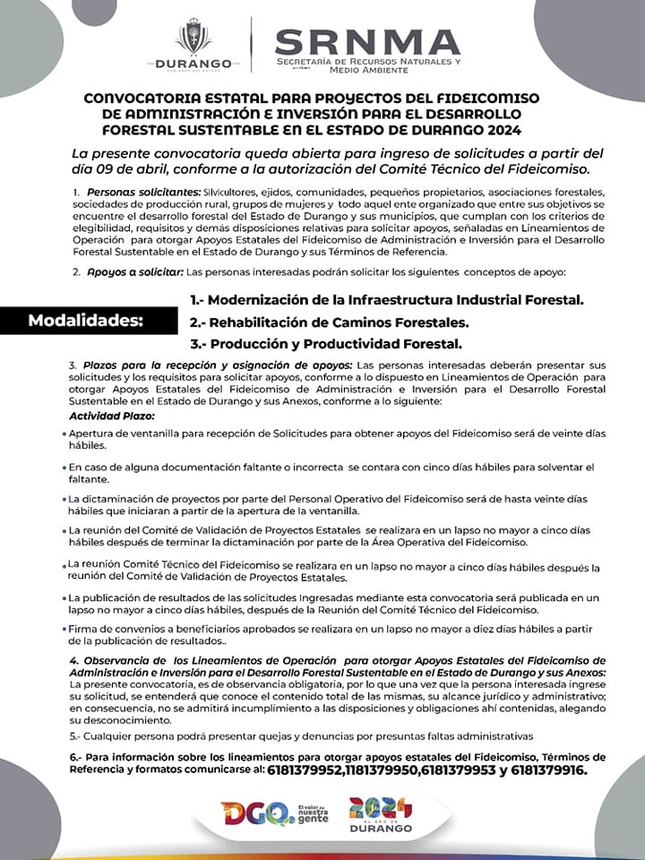 Convocatoria Estatal para Proyectos del Fideicomiso de Administración e Inversión para el Desarrollo Forestal Sustentable en el Estado de Durango 2024