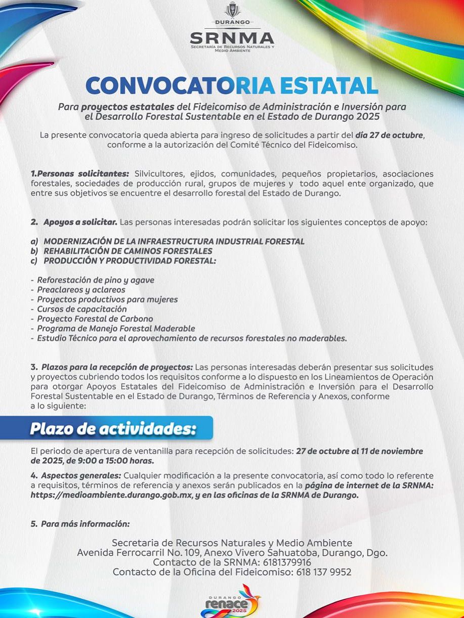 Convocatoria Estatal para Proyectos del Fideicomiso de Administración e Inversión para el Desarrollo Forestal Sustentable en el Estado de Durango 2025